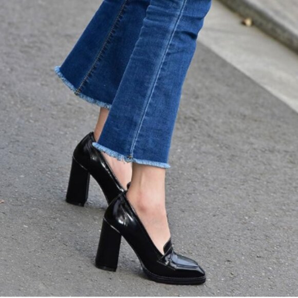 FOWT Black High Block Heels Loafers Square Toe Pumps Slip On Walking Shoes Schoo - Picture 1 of 8